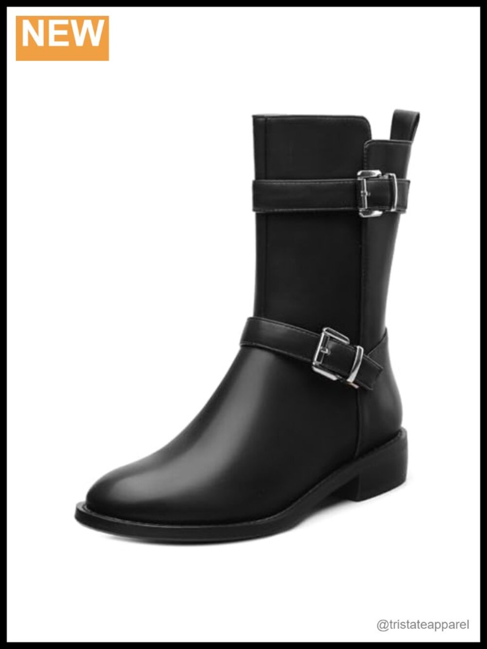 Women's Mid Calf Riding Boots Chunky Heel Round Toe Side Zipper Faux Leather